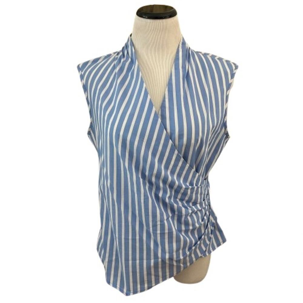 EUC Marc New York Blue and White Wrap Ruched Sleeveless Blouse. Size M.